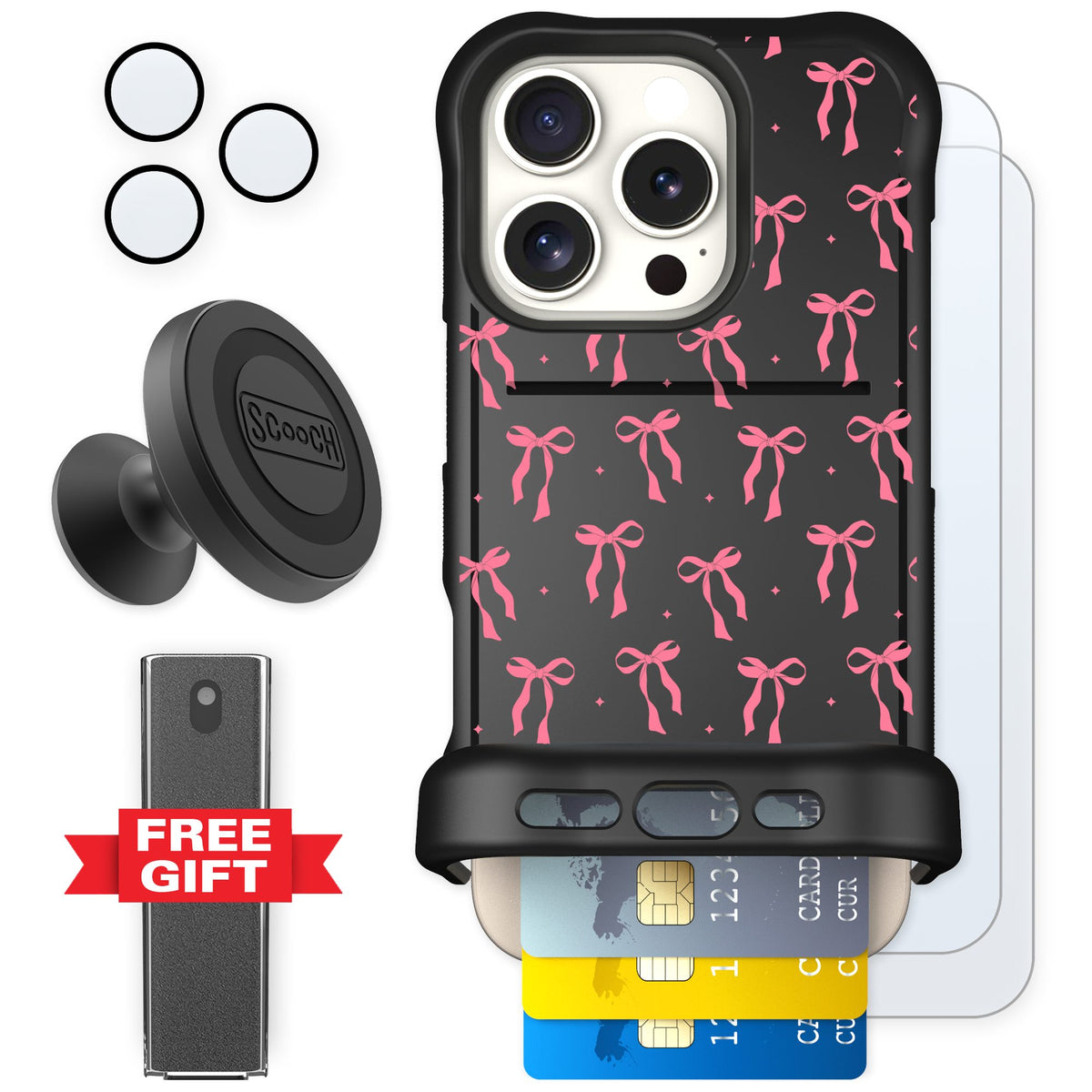 Scooch Wingmate Pink Bows for iPhone 16 Pro — Defender Bundle