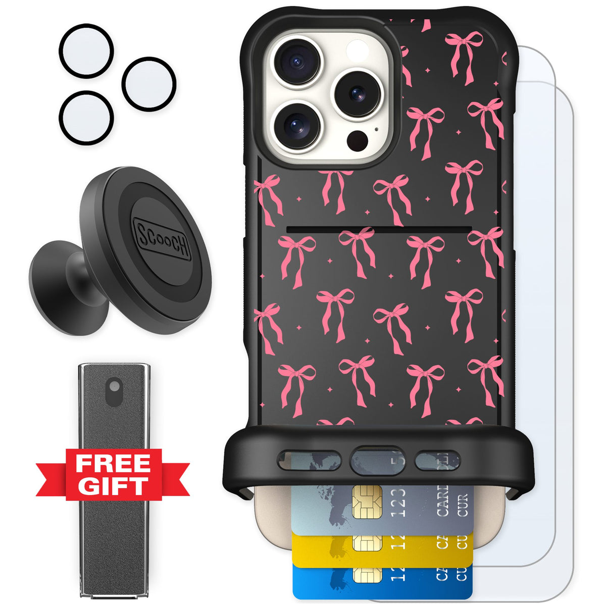 Scooch Wingmate Pink Bows for iPhone 16 Pro Max — Defender Bundle
