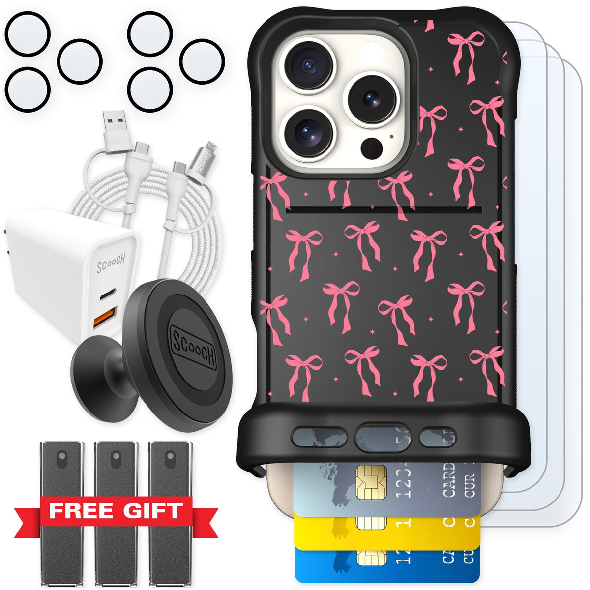 Scooch Wingmate Pink Bows for iPhone 16 Pro — Ultimate Bundle