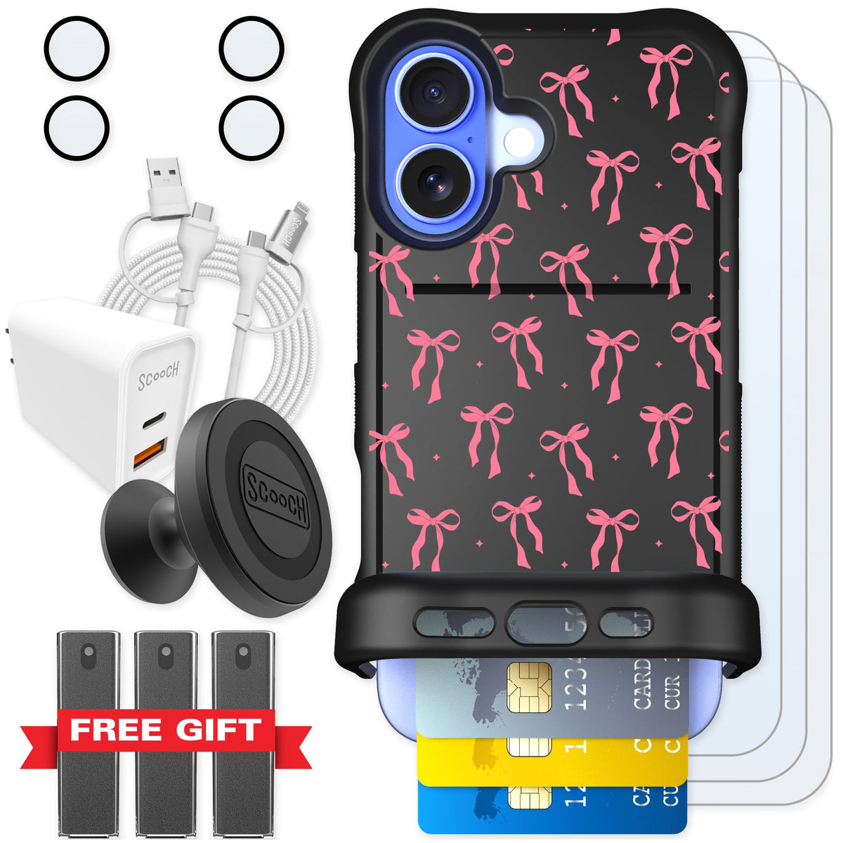 Scooch Wingmate Pink Bows for iPhone 16 — Ultimate Bundle