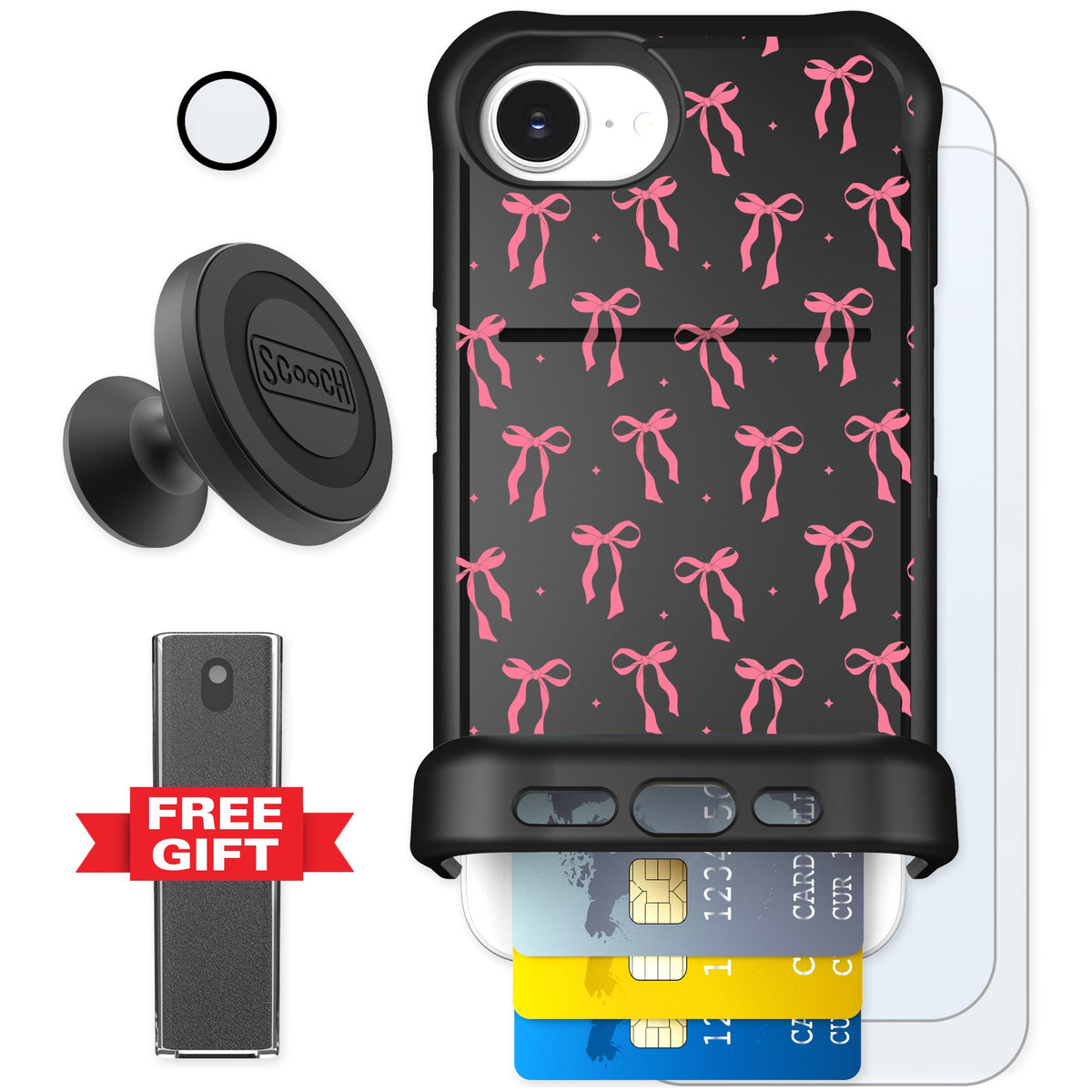 Scooch Wingmate Pink Bows for iPhone 16e — Defender Bundle