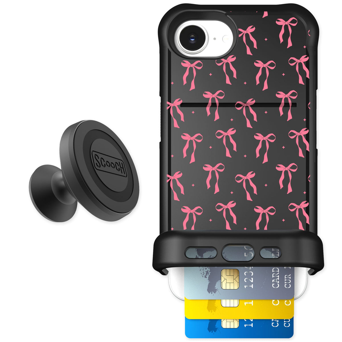 Scooch Wingmate Pink Bows for iPhone 16e — Starter Bundle