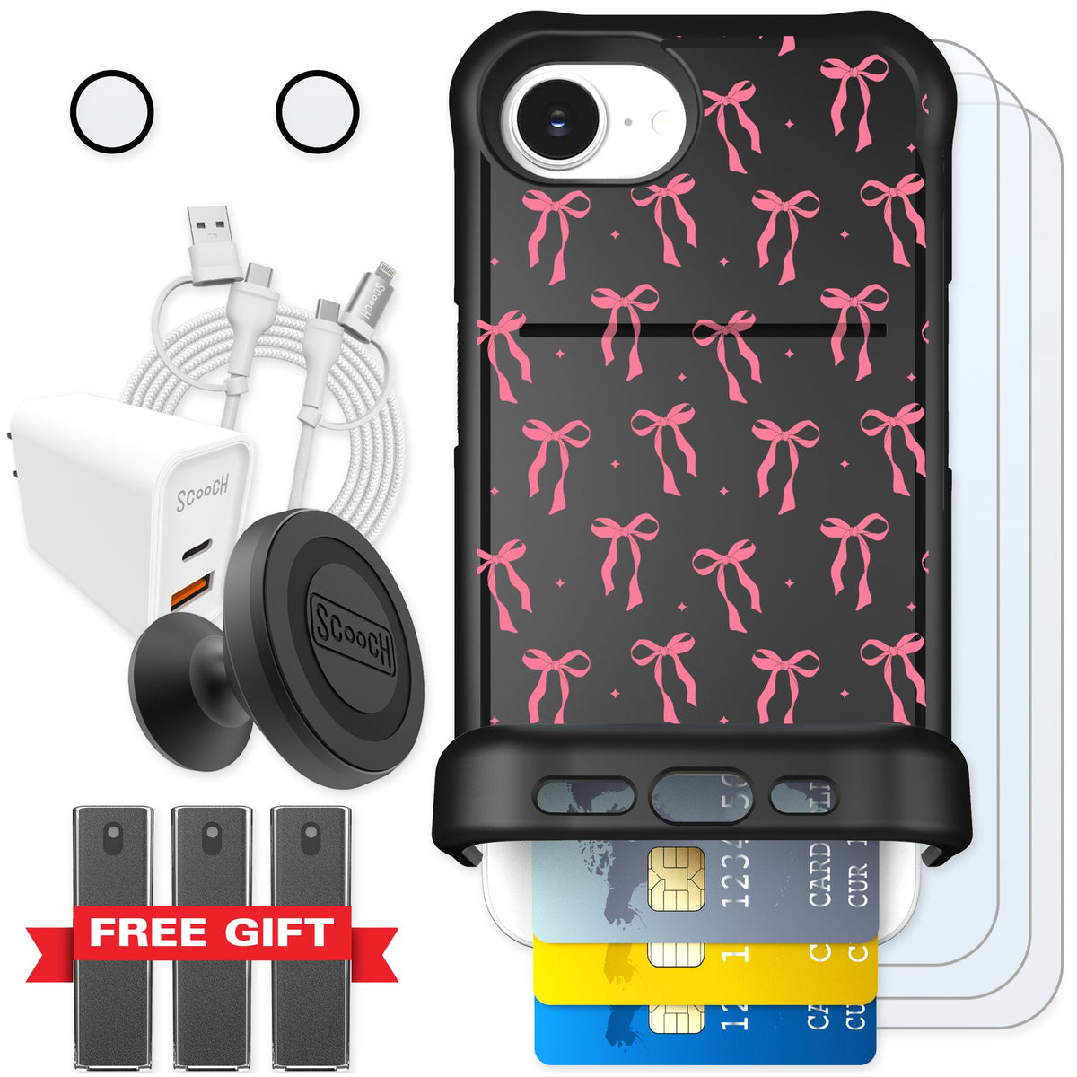 Scooch Wingmate Pink Bows for iPhone 16e — Ultimate Bundle