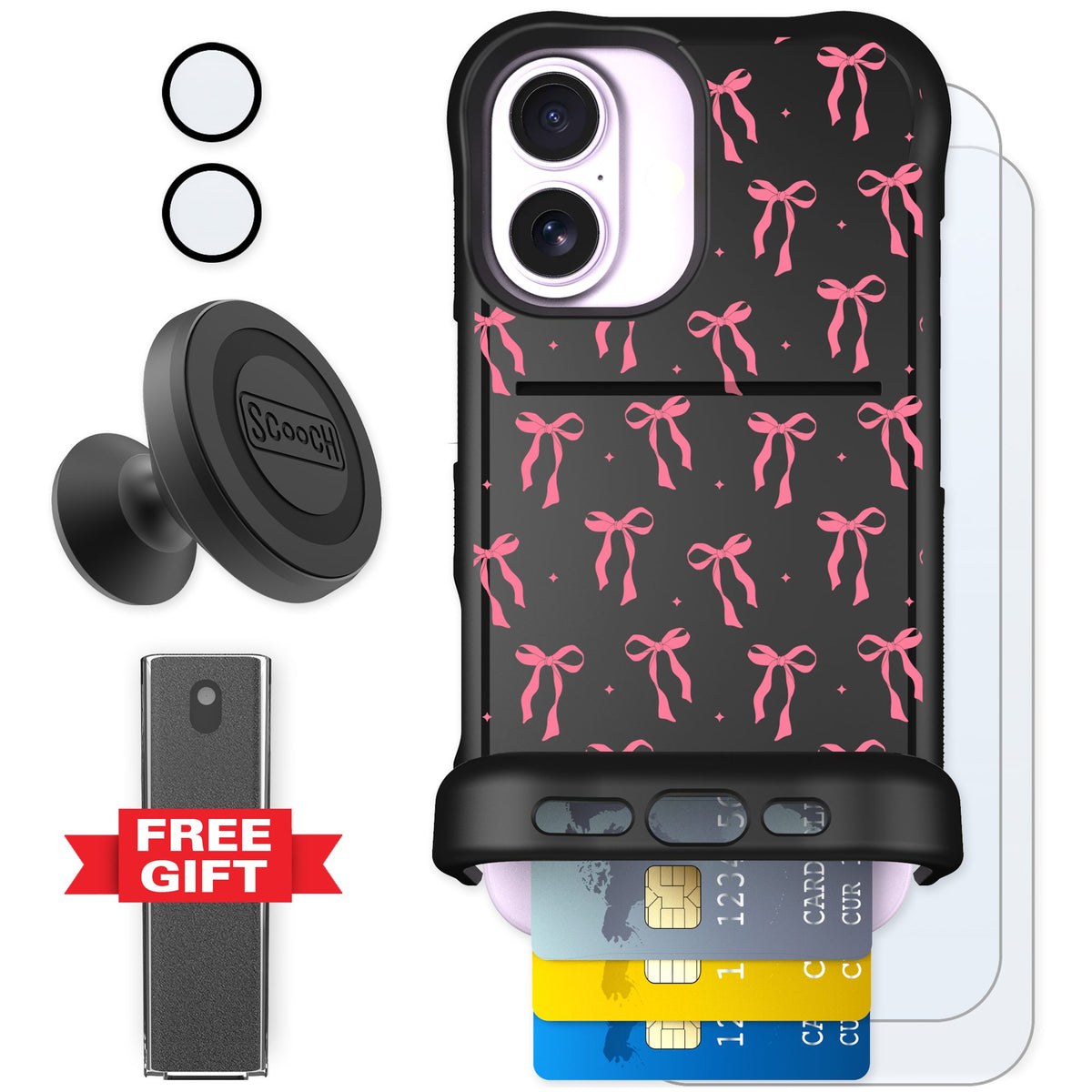 Scooch Wingmate Pink Bows for iPhone 17 — Defender Bundle