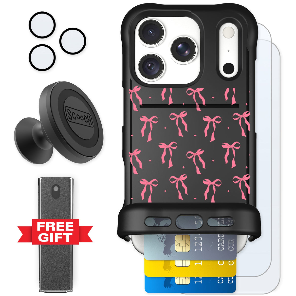 Scooch Wingmate Pink Bows for iPhone 18 Pro — Defender Bundle
