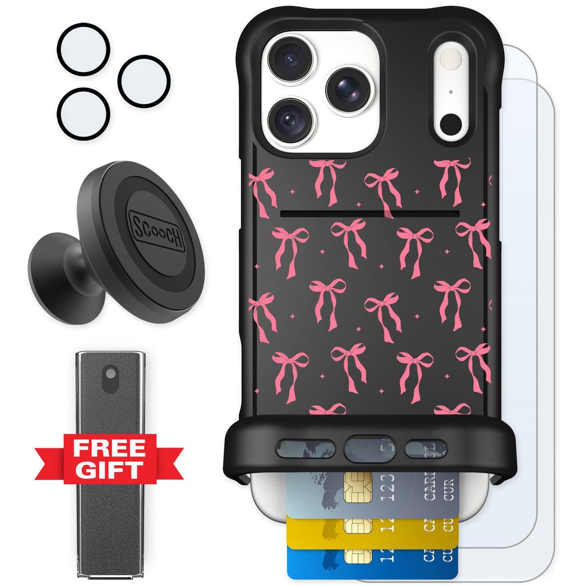 Scooch Wingmate Pink Bows for iPhone 18 Pro Max — Defender Bundle