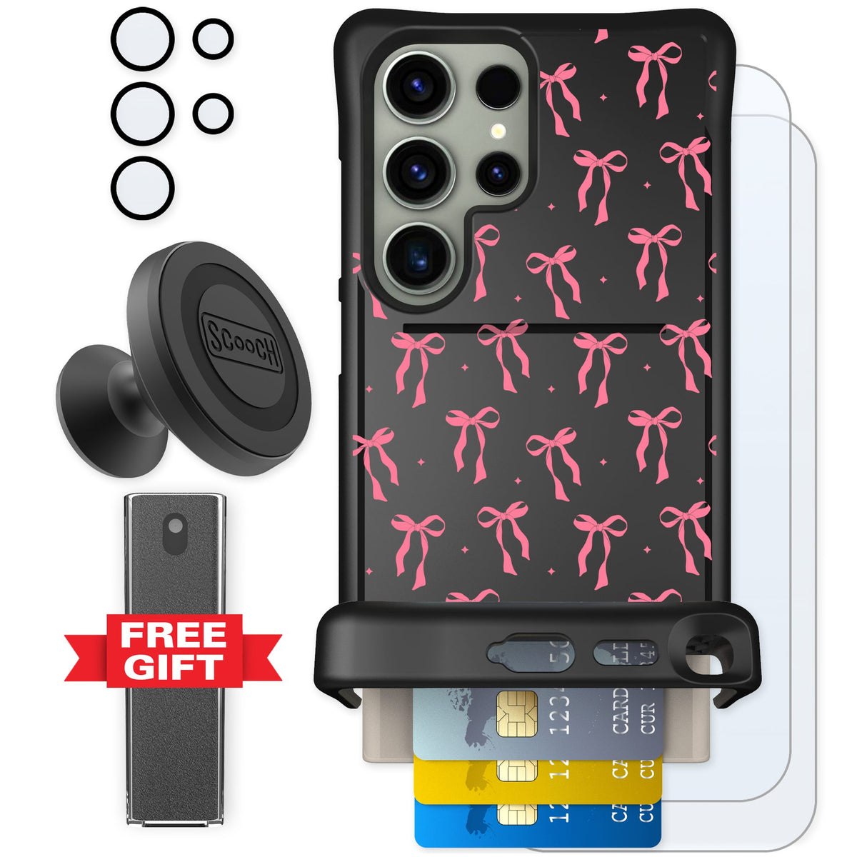 Scooch Wingmate Pink Bows for Galaxy S24 Ultra — Defender Bundle