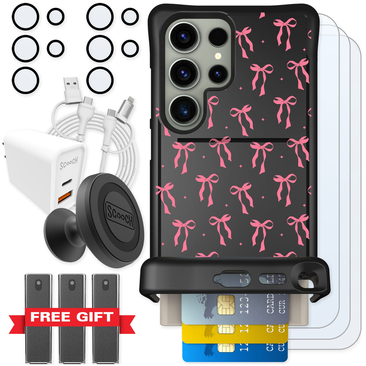 Scooch Wingmate Pink Bows for Galaxy S24 Ultra — Ultimate Bundle