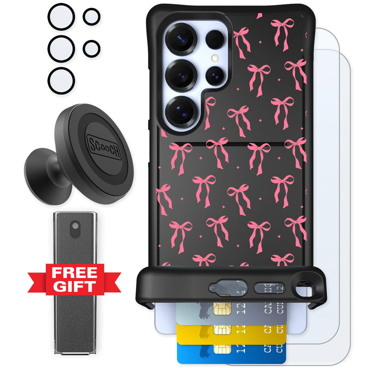 Scooch Wingmate Pink Bows for Galaxy S25 Ultra — Defender Bundle