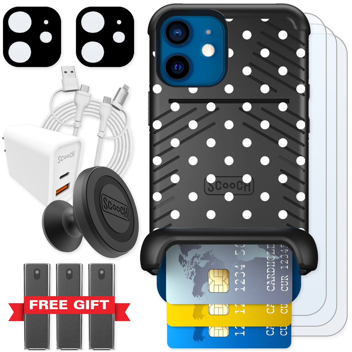 Scooch Wingmate Polka Dots for iPhone 12 mini — Ultimate Bundle
