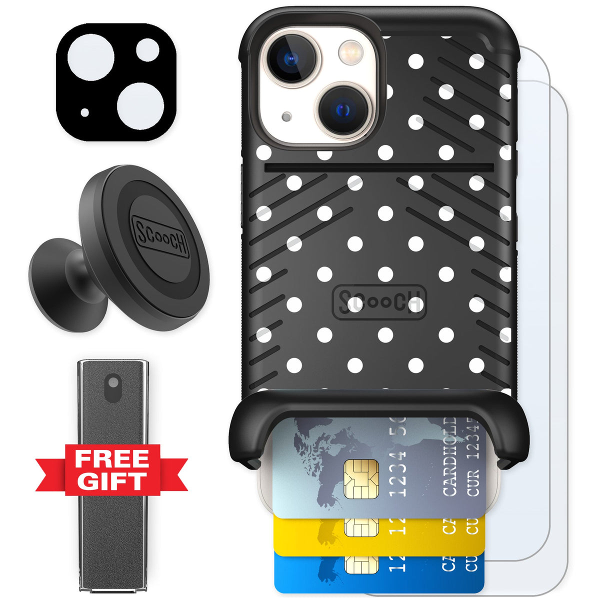 Scooch Wingmate Polka Dots for iPhone 13 mini — Defender Bundle