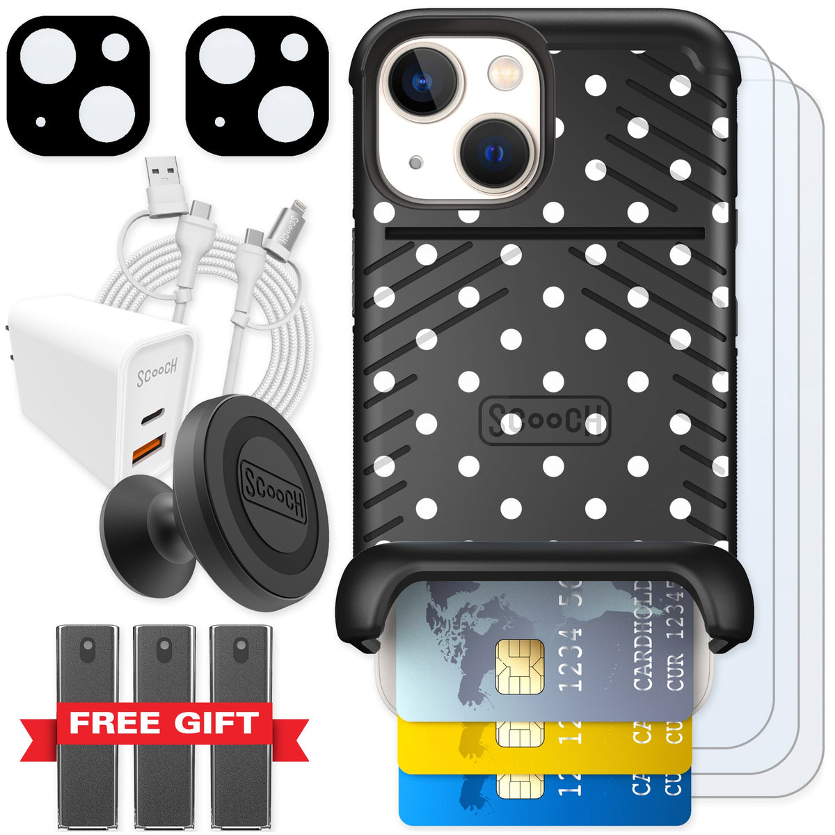 Scooch Wingmate Polka Dots for iPhone 13 mini — Ultimate Bundle