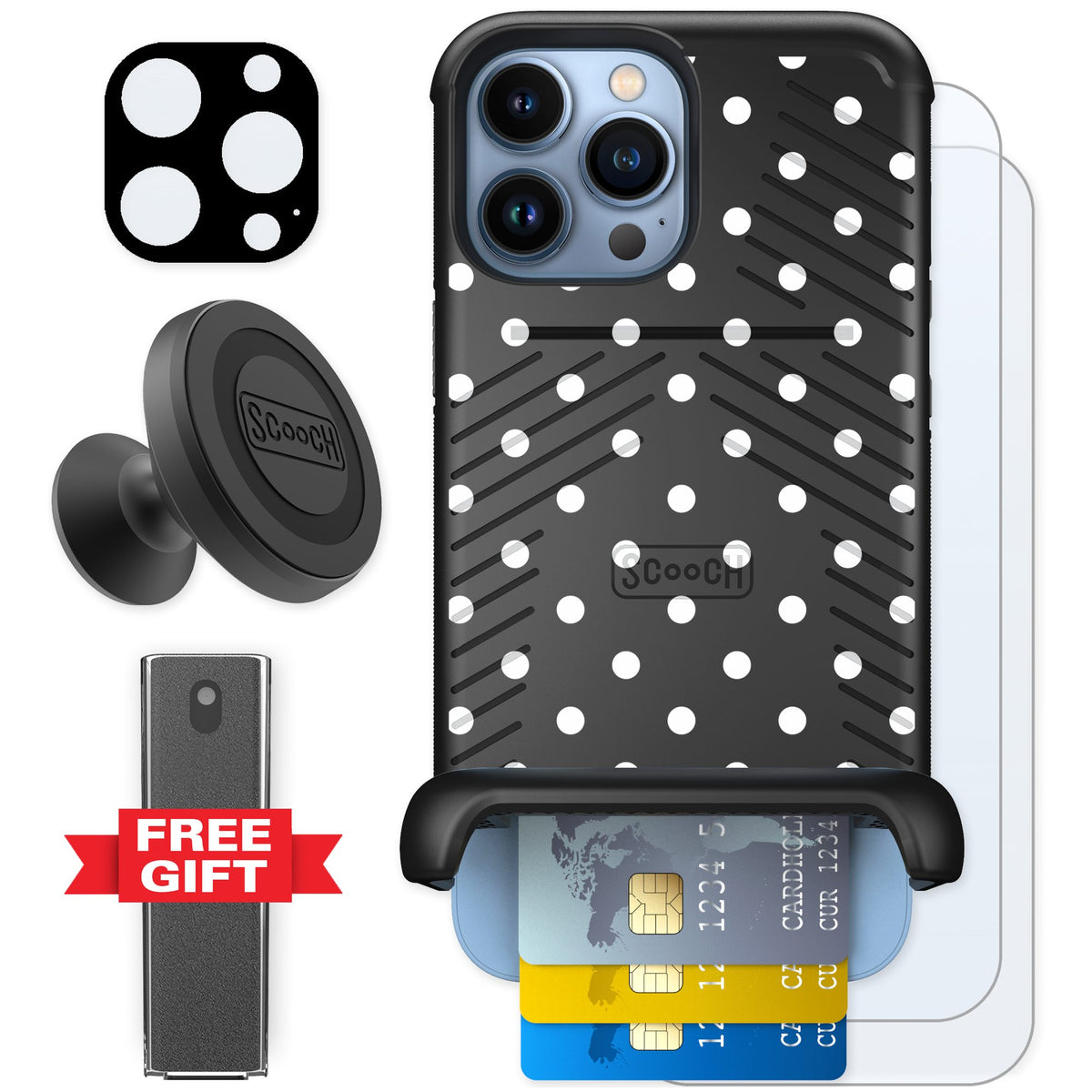 Scooch Wingmate Polka Dots for iPhone 13 Pro Max — Defender Bundle
