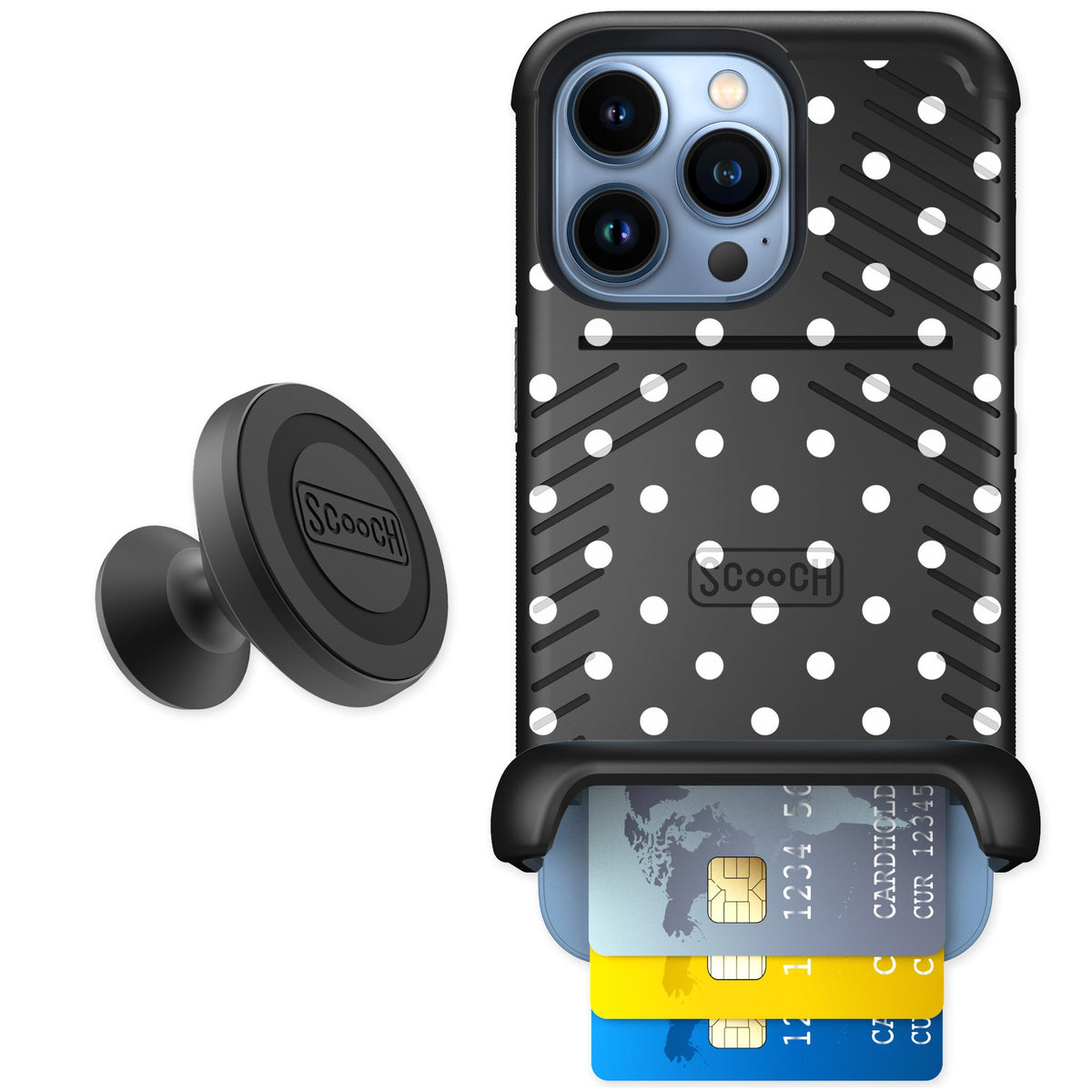 Scooch Wingmate Polka Dots for iPhone 13 Pro — Starter Bundle