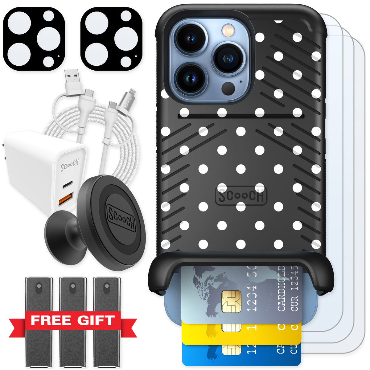Scooch Wingmate Polka Dots for iPhone 13 Pro — Ultimate Bundle