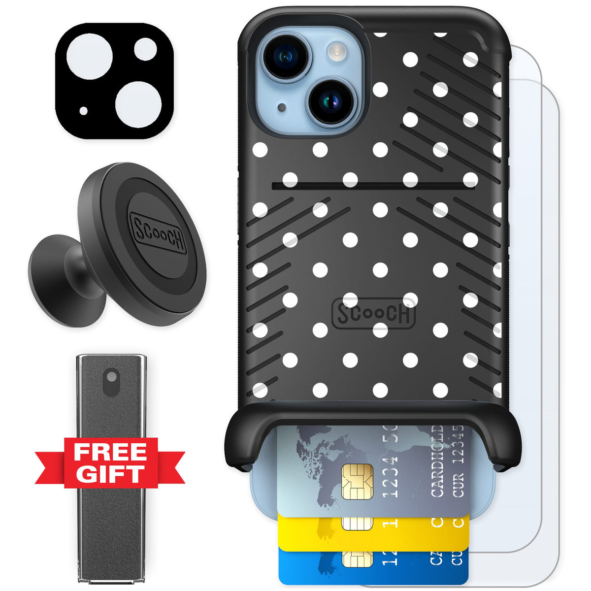 Scooch Wingmate Polka Dots for iPhone 14 — Defender Bundle