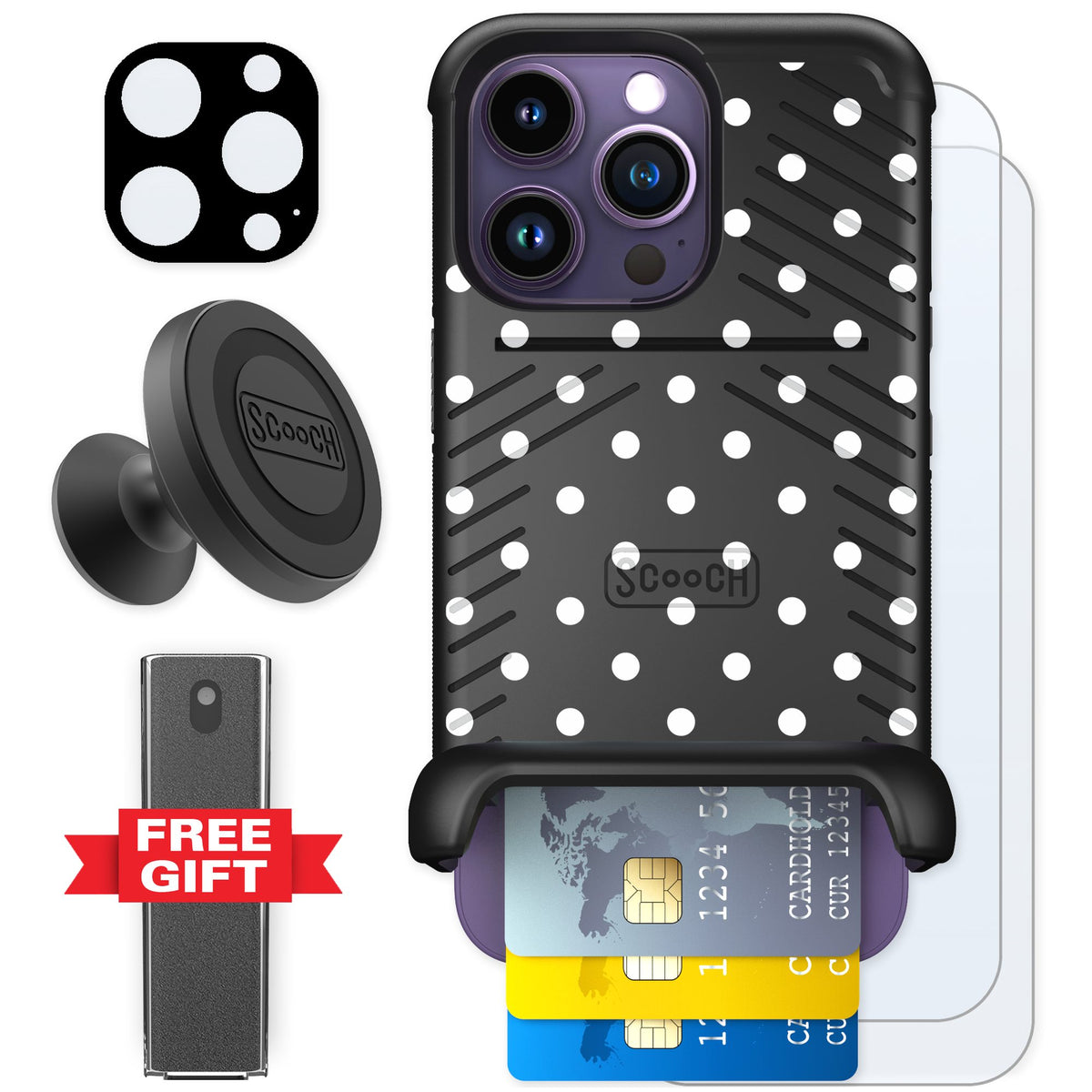 Scooch Wingmate Polka Dots for iPhone 14 Pro — Defender Bundle