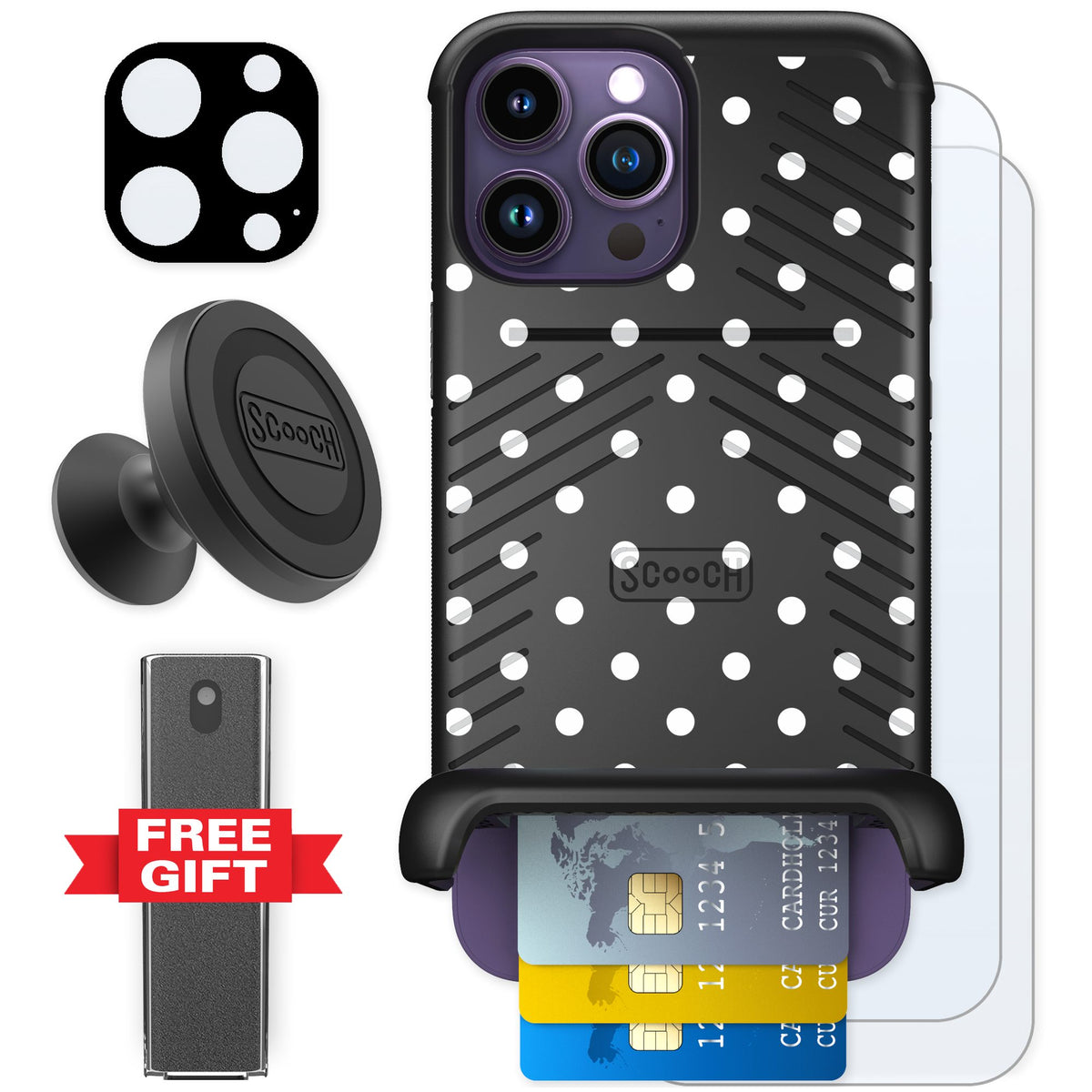 Scooch Wingmate Polka Dots for iPhone 14 Pro Max — Defender Bundle