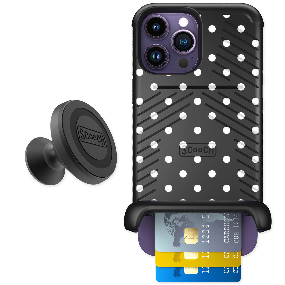 Scooch Wingmate Polka Dots for iPhone 14 Pro Max — Starter Bundle