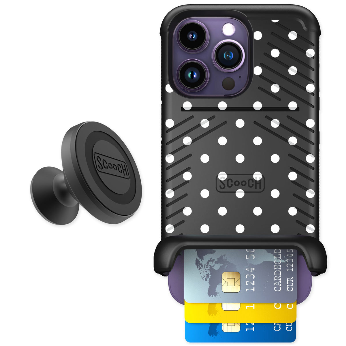 Scooch Wingmate Polka Dots for iPhone 14 Pro — Starter Bundle