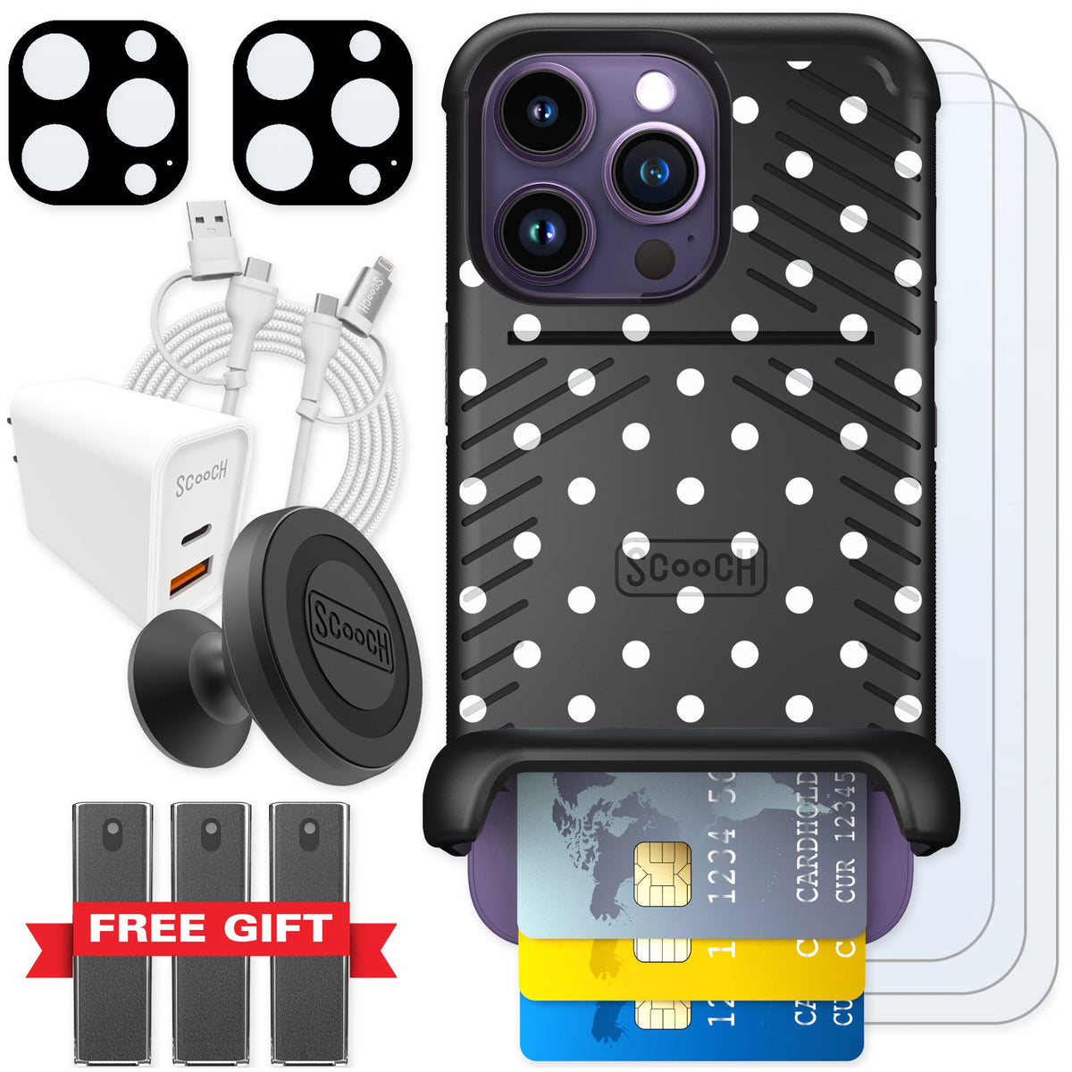 Scooch Wingmate Polka Dots for iPhone 14 Pro — Ultimate Bundle