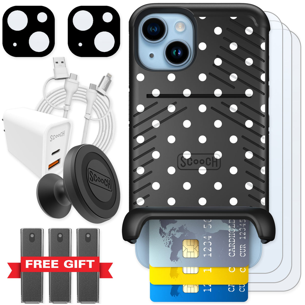 Scooch Wingmate Polka Dots for iPhone 14 — Ultimate Bundle