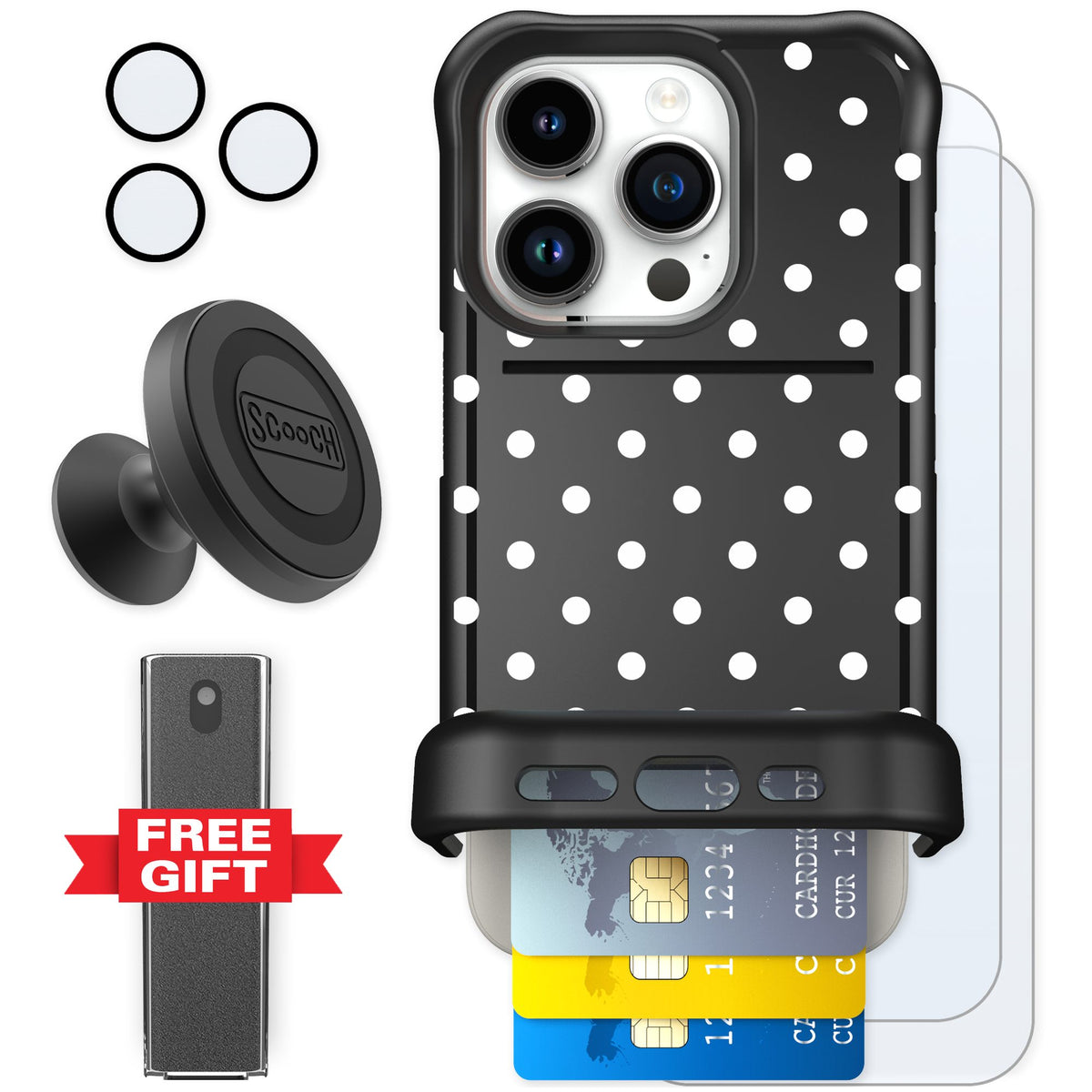 Scooch Wingmate Polka Dots for iPhone 15 Pro — Defender Bundle