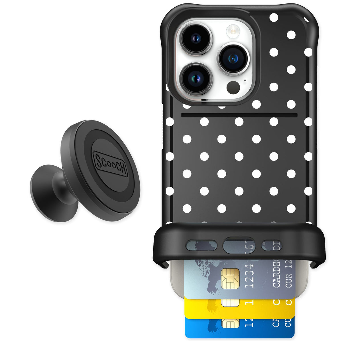 Scooch Wingmate Polka Dots for iPhone 15 Pro — Starter Bundle