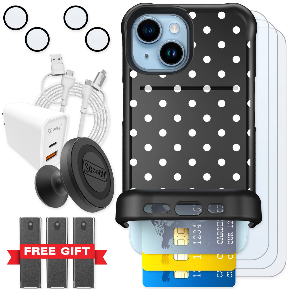 Scooch Wingmate Polka Dots for iPhone 15 — Ultimate Bundle