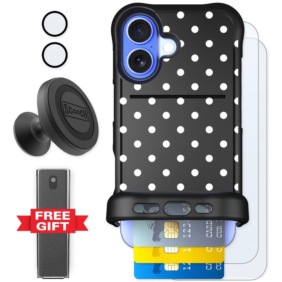Scooch Wingmate Polka Dots for iPhone 16 — Defender Bundle
