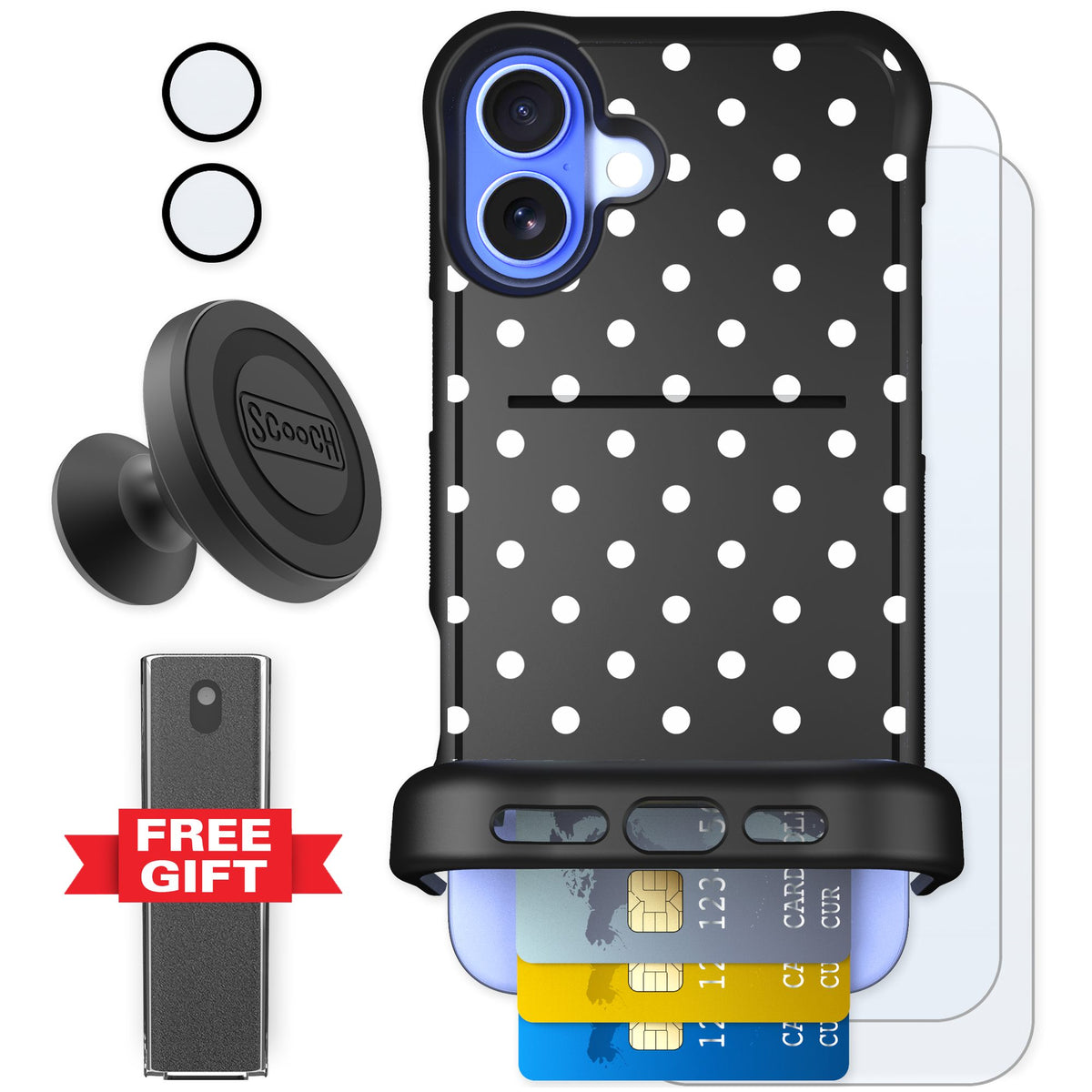 Scooch Wingmate Polka Dots for iPhone 16 Plus — Defender Bundle