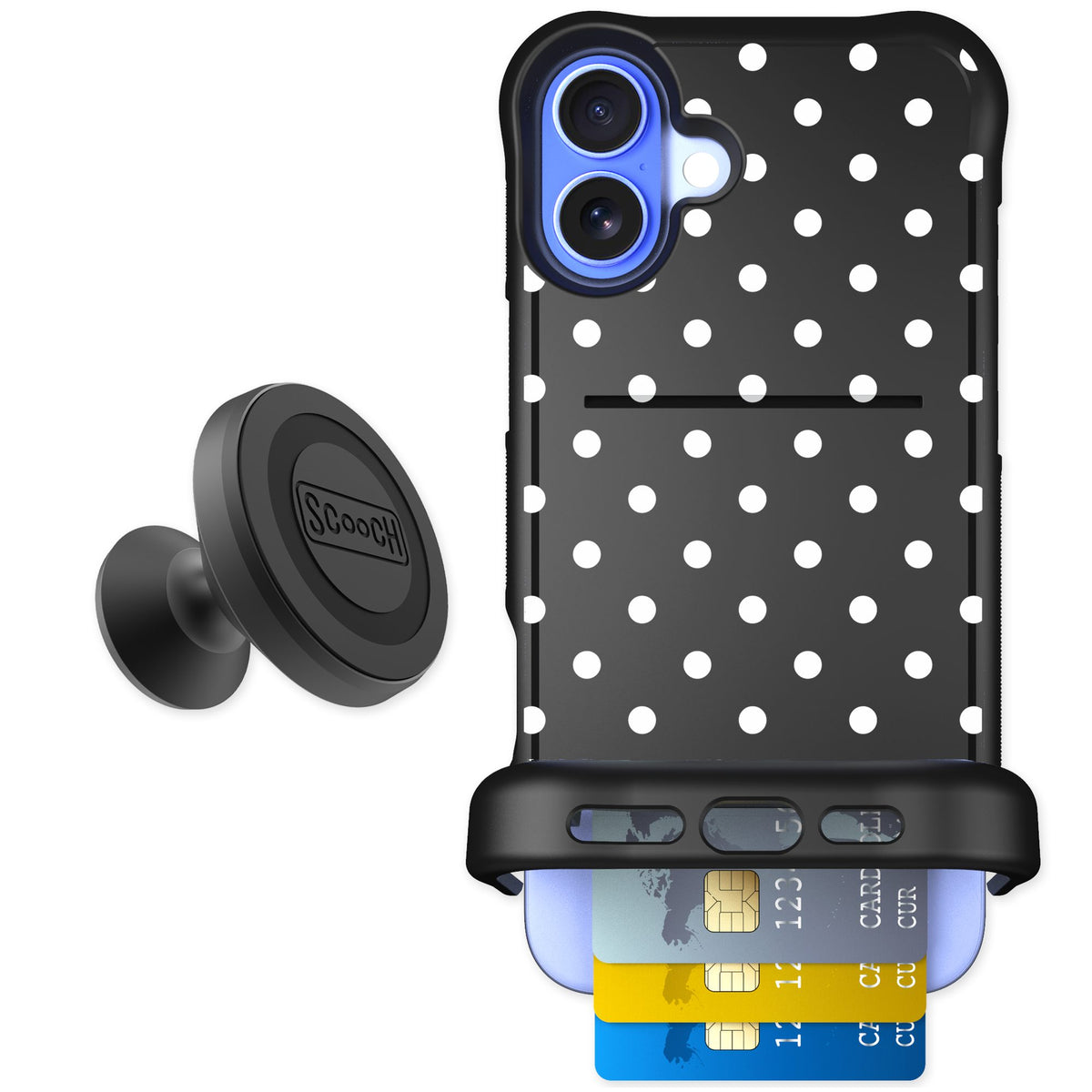 Scooch Wingmate Polka Dots for iPhone 16 Plus — Starter Bundle