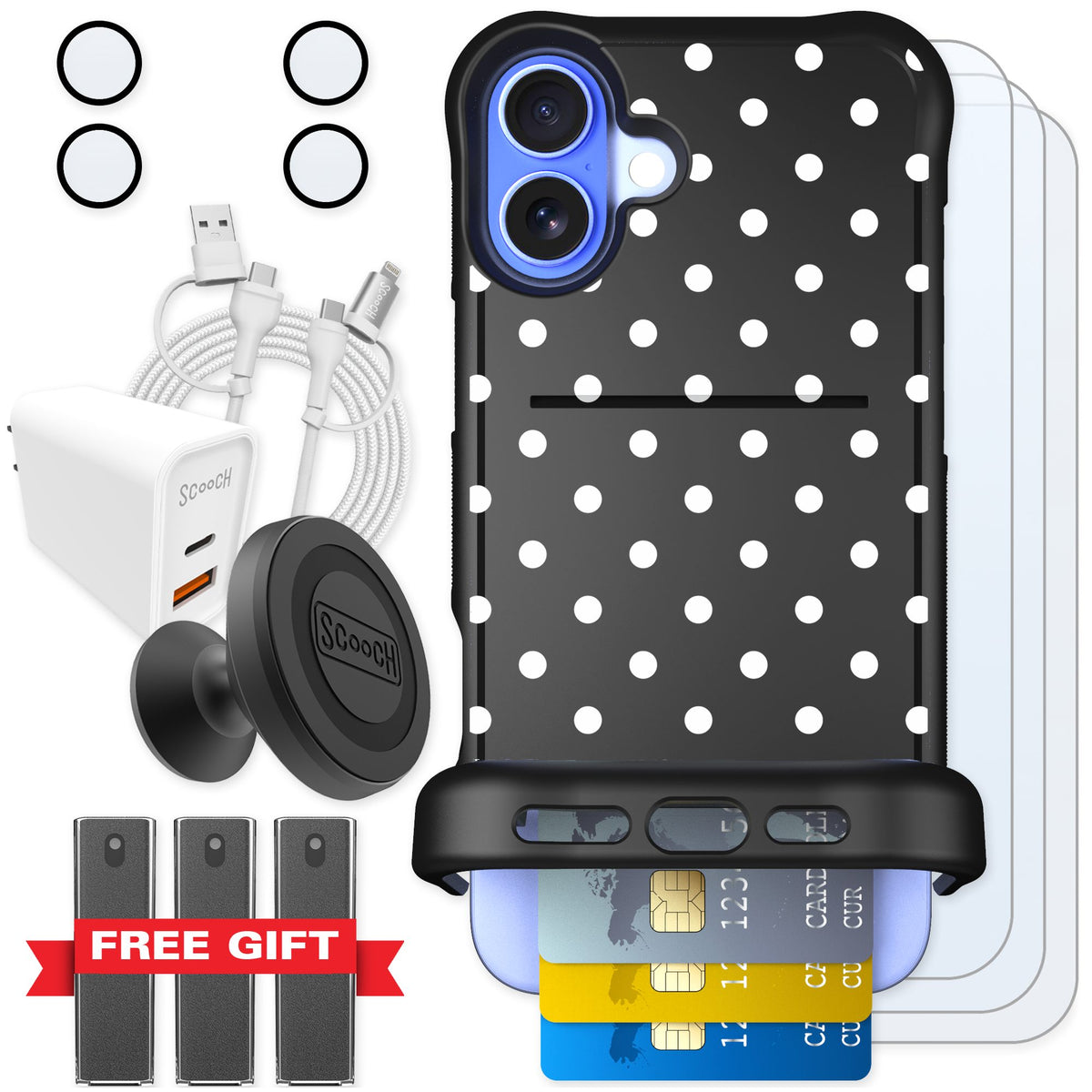Scooch Wingmate Polka Dots for iPhone 16 Plus — Ultimate Bundle