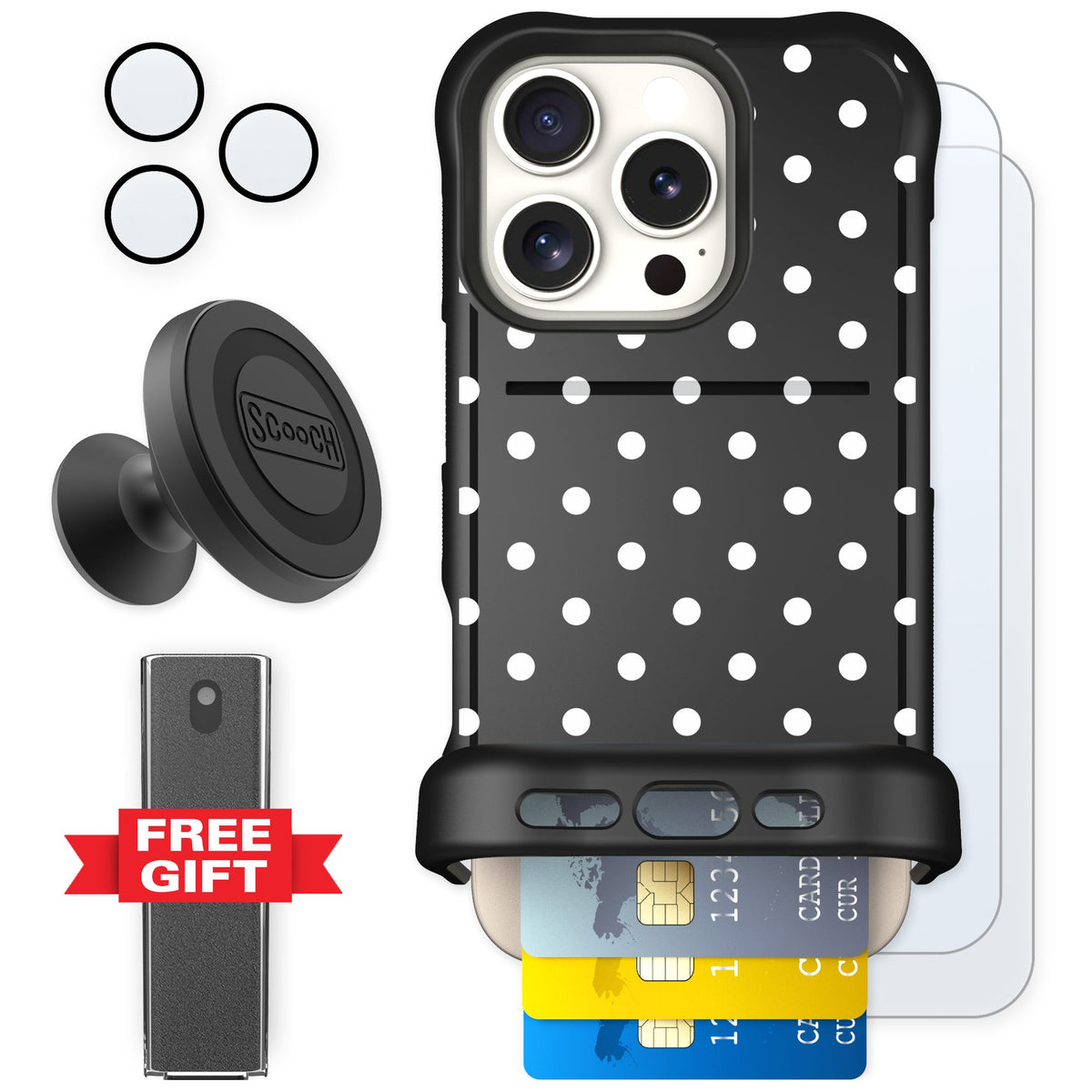 Scooch Wingmate Polka Dots for iPhone 16 Pro — Defender Bundle