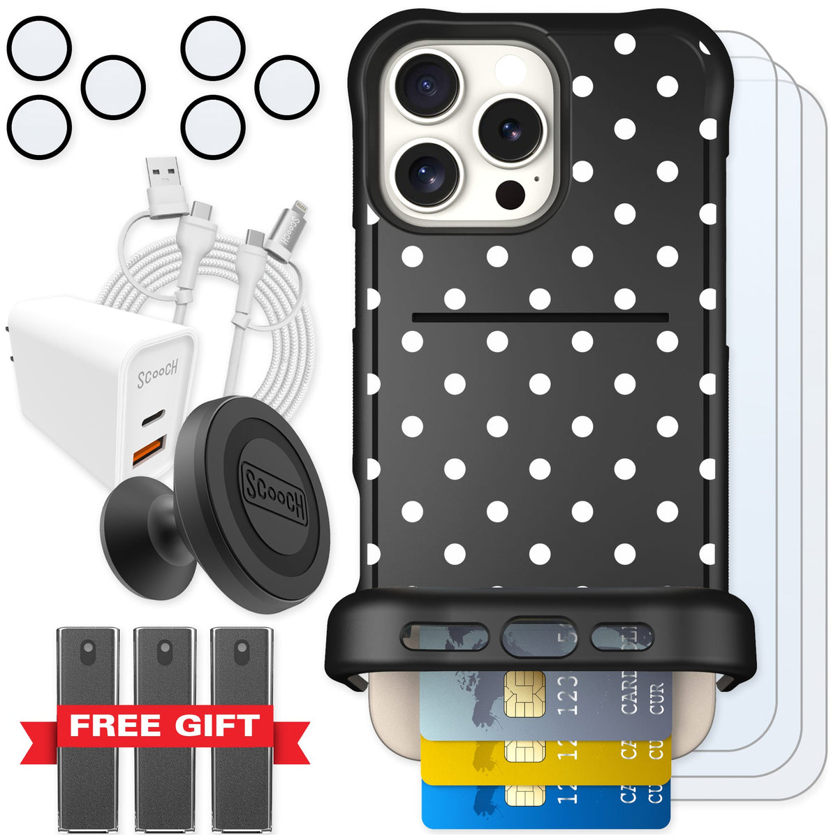Scooch Wingmate Polka Dots for iPhone 16 Pro Max — Ultimate Bundle