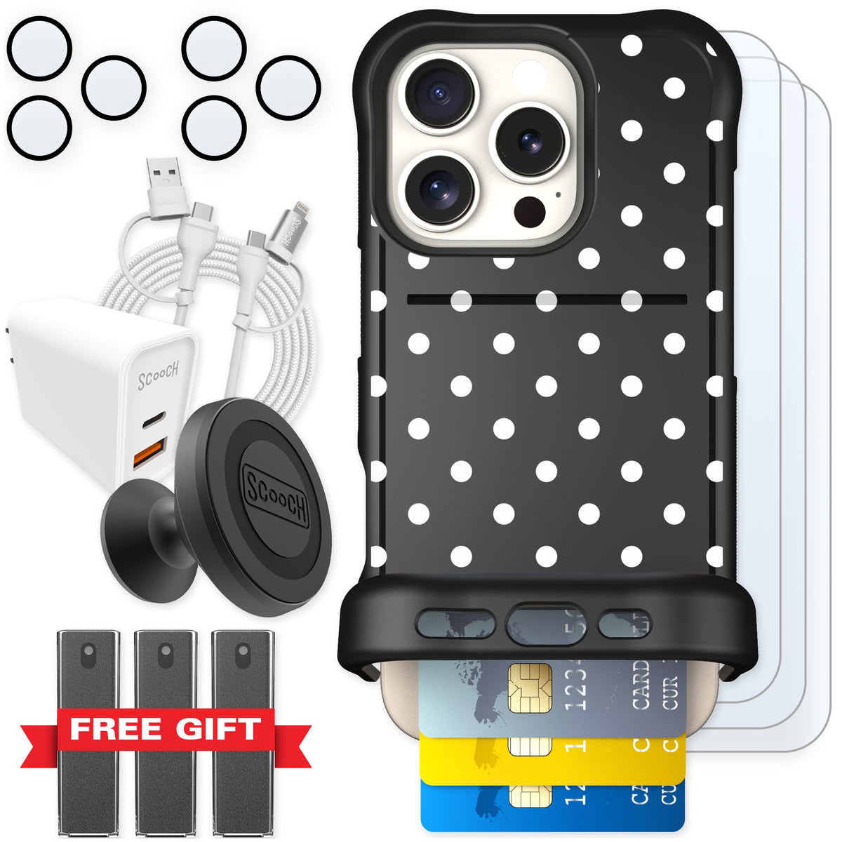 Scooch Wingmate Polka Dots for iPhone 16 Pro — Ultimate Bundle