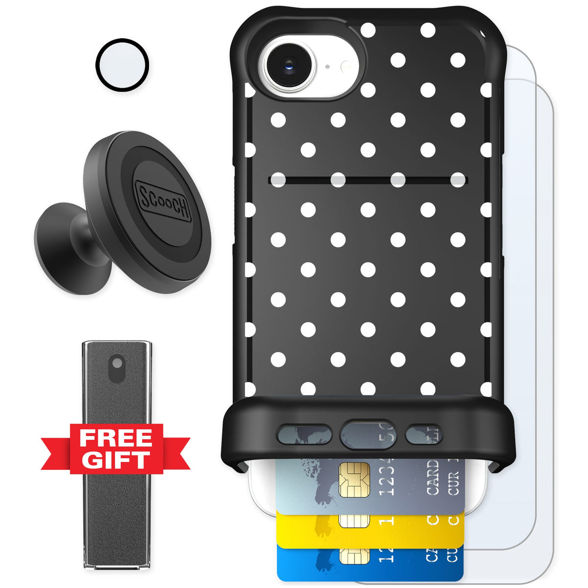 Scooch Wingmate Polka Dots for iPhone 16e — Defender Bundle