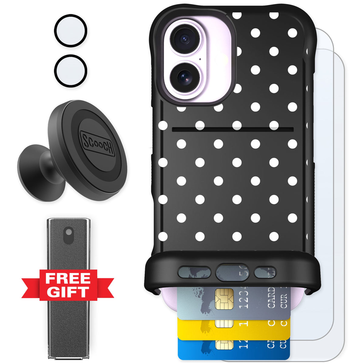 Scooch Wingmate Polka Dots for iPhone 17 — Defender Bundle