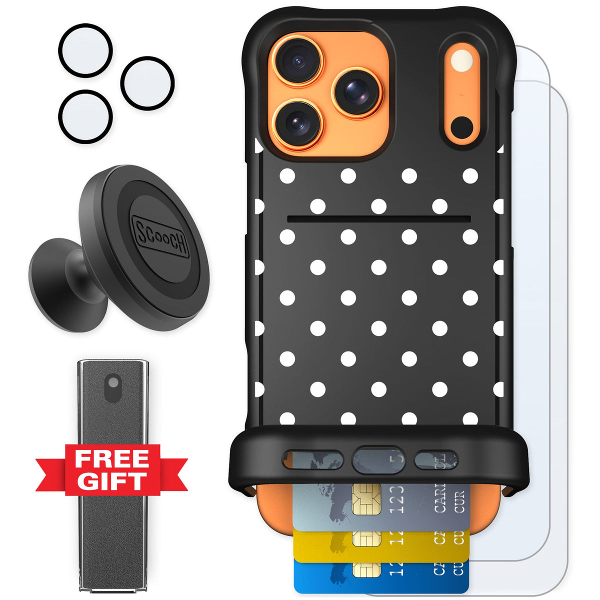 Scooch Wingmate Polka Dots for iPhone 17 Pro Max — Defender Bundle