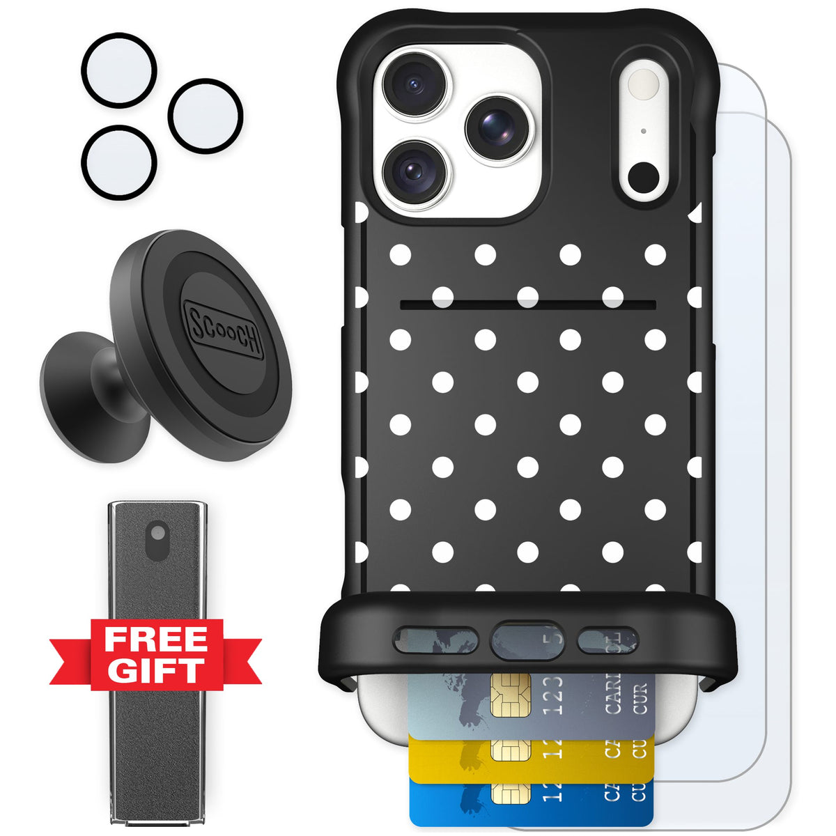 Scooch Wingmate Polka Dots for iPhone 18 Pro Max — Defender Bundle