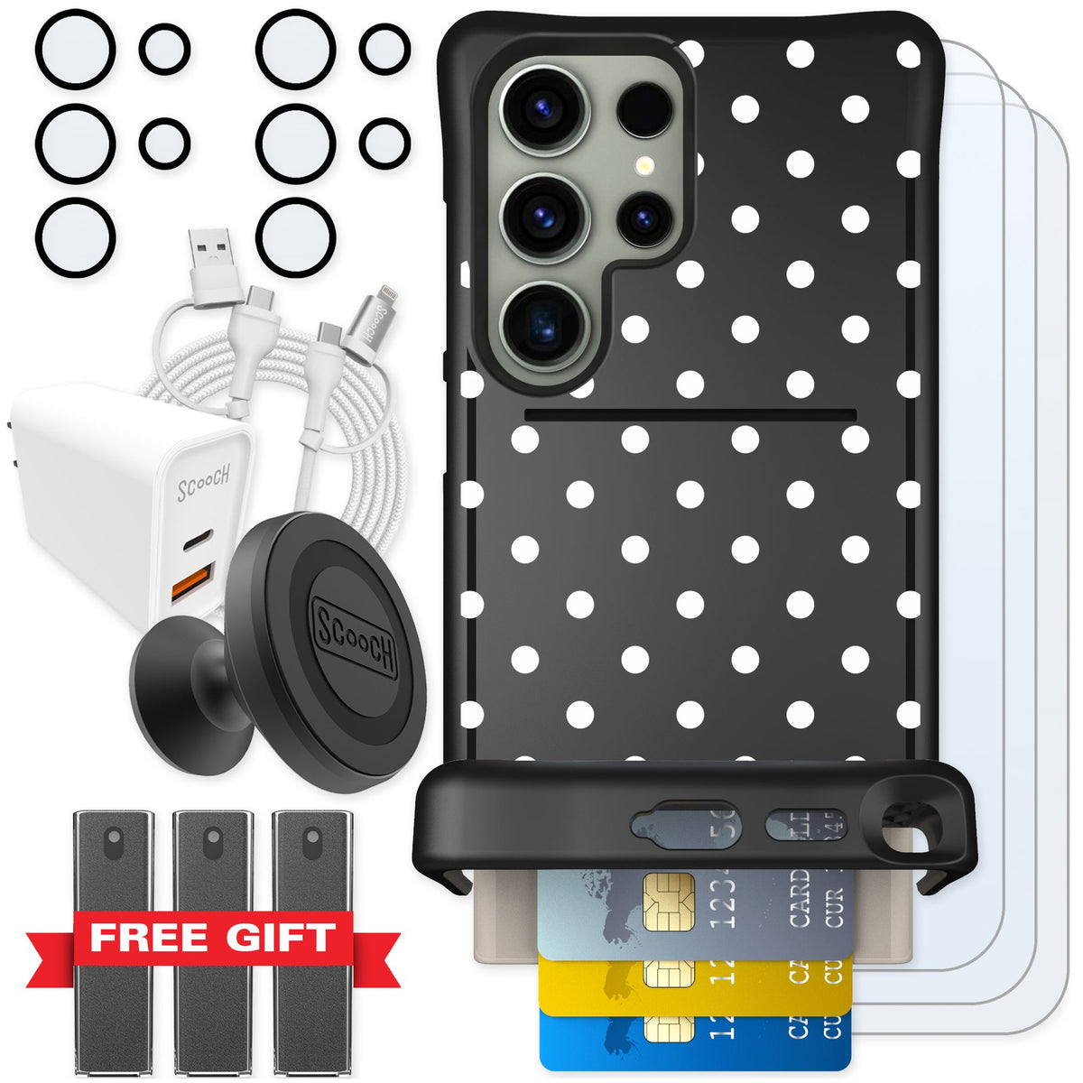 Scooch Wingmate Polka Dots for Galaxy S24 Ultra — Ultimate Bundle