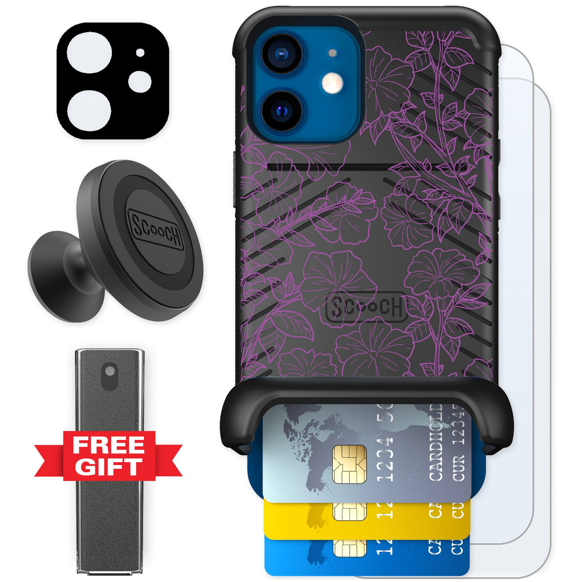 Scooch Wingmate Purple Petunias for iPhone 12 mini — Defender Bundle