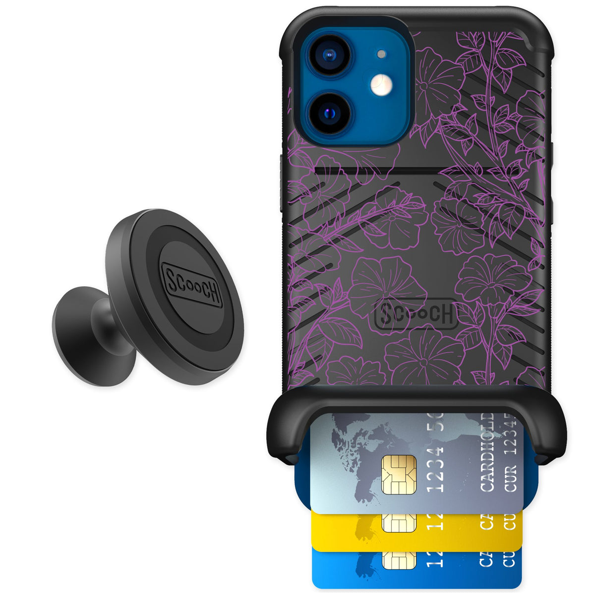 Scooch Wingmate Purple Petunias for iPhone 12 mini — Starter Bundle