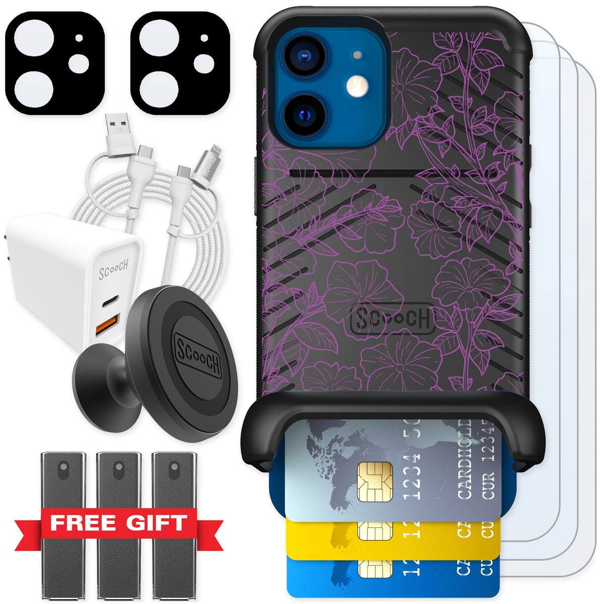 Scooch Wingmate Purple Petunias for iPhone 12 mini — Ultimate Bundle