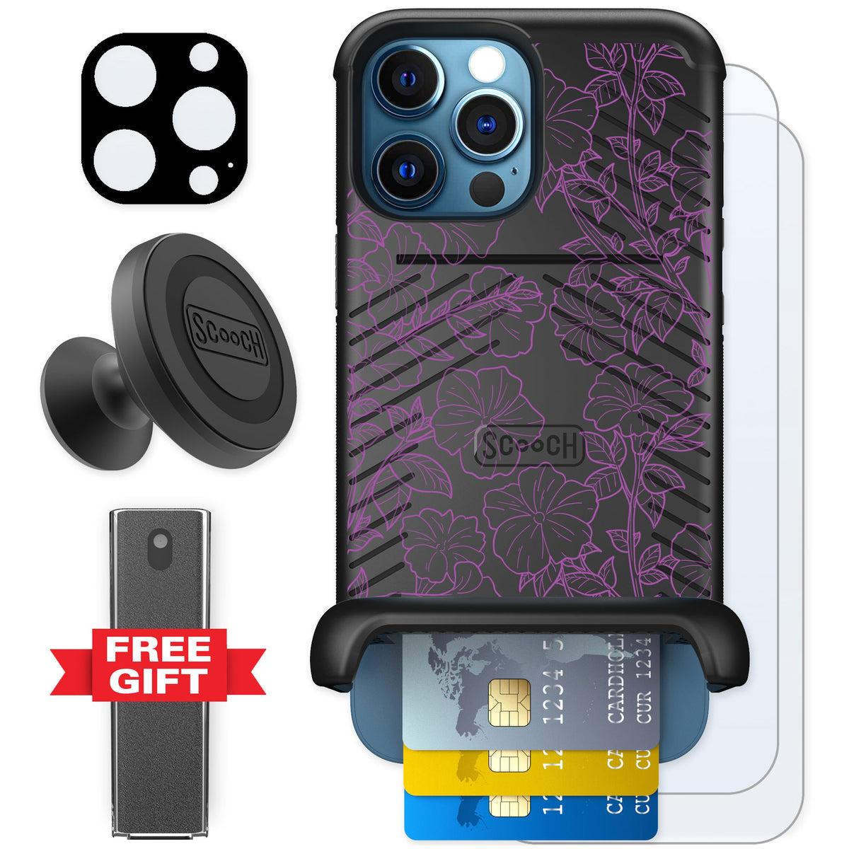 Scooch Wingmate Purple Petunias for iPhone 12 Pro — Defender Bundle