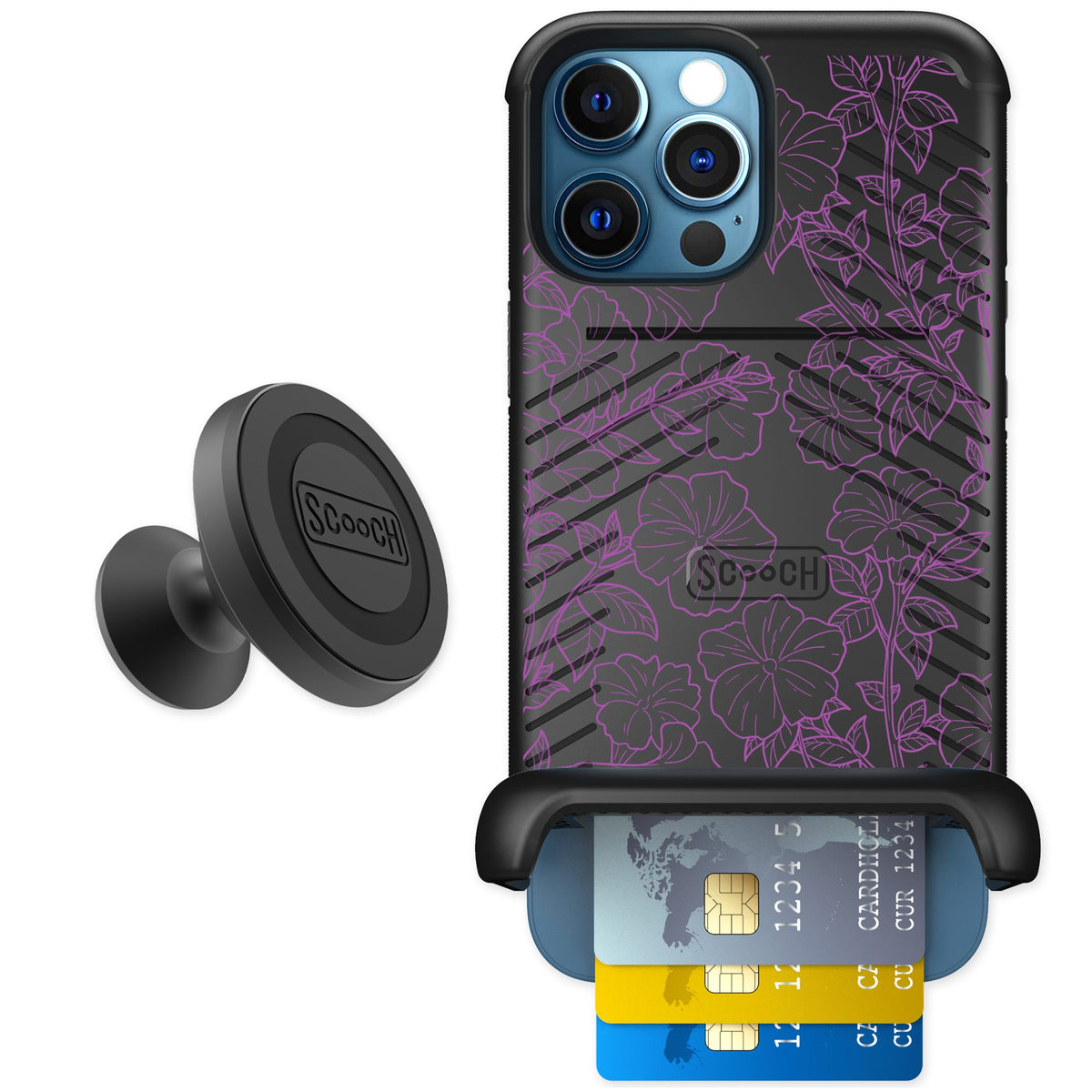 Scooch Wingmate Purple Petunias for iPhone 12 Pro — Starter Bundle
