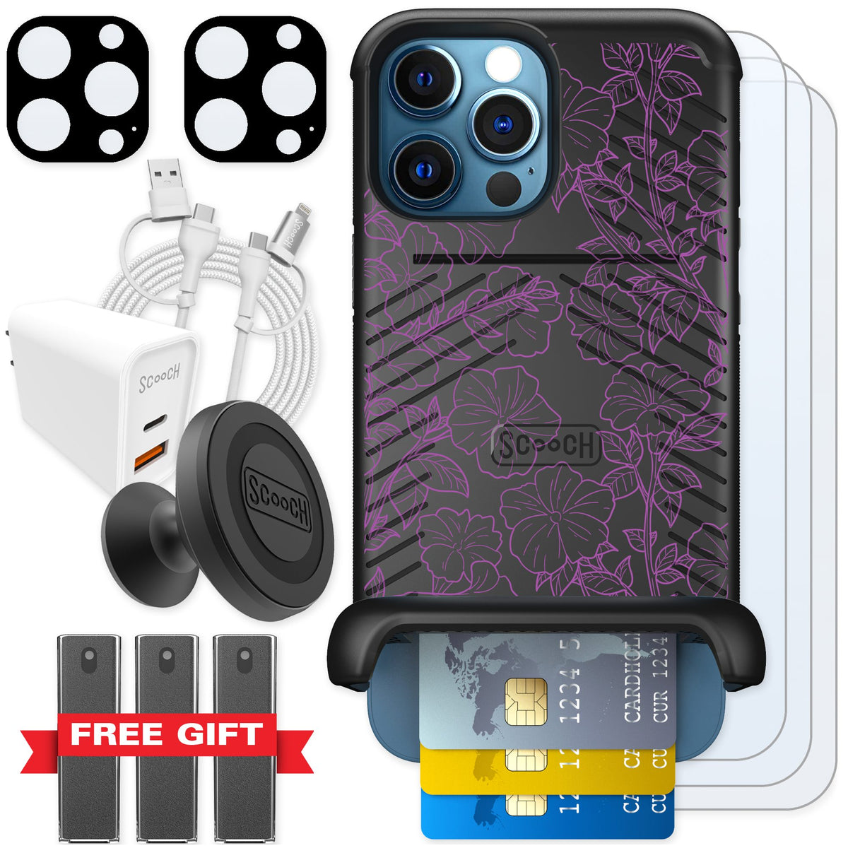 Scooch Wingmate Purple Petunias for iPhone 12 Pro — Ultimate Bundle