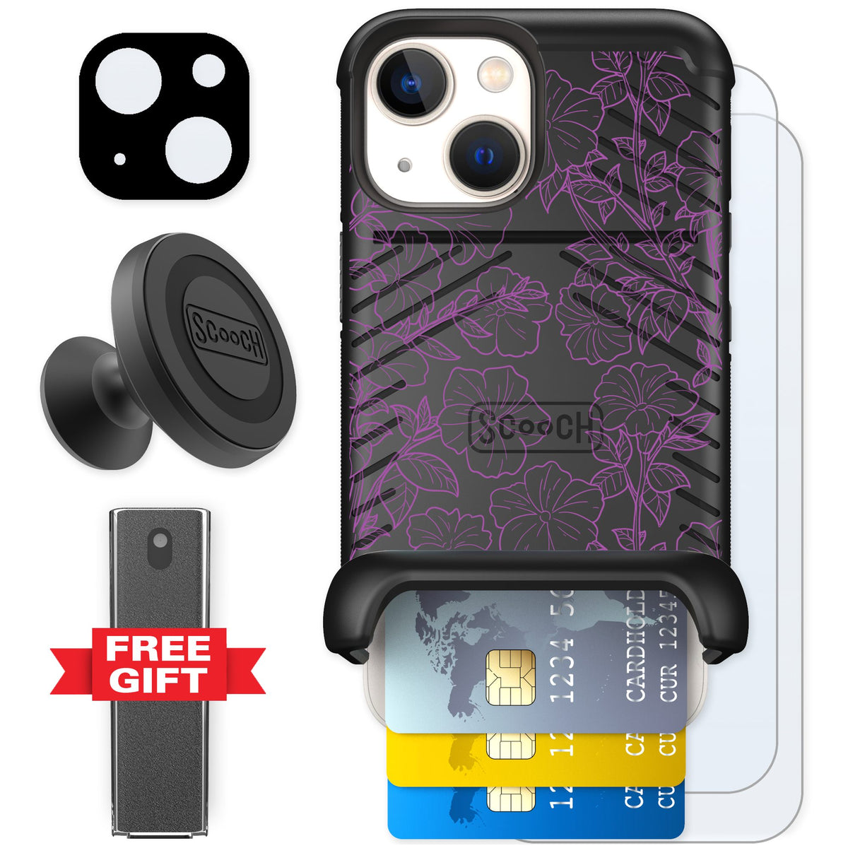 Scooch Wingmate Purple Petunias for iPhone 13 mini — Defender Bundle