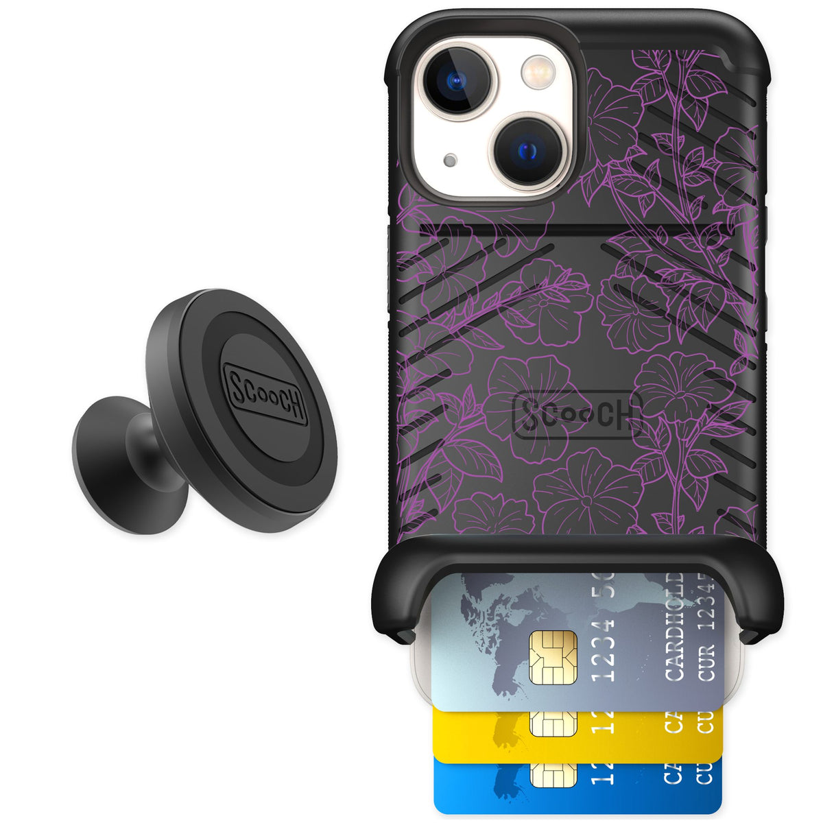 Scooch Wingmate Purple Petunias for iPhone 13 mini — Starter Bundle