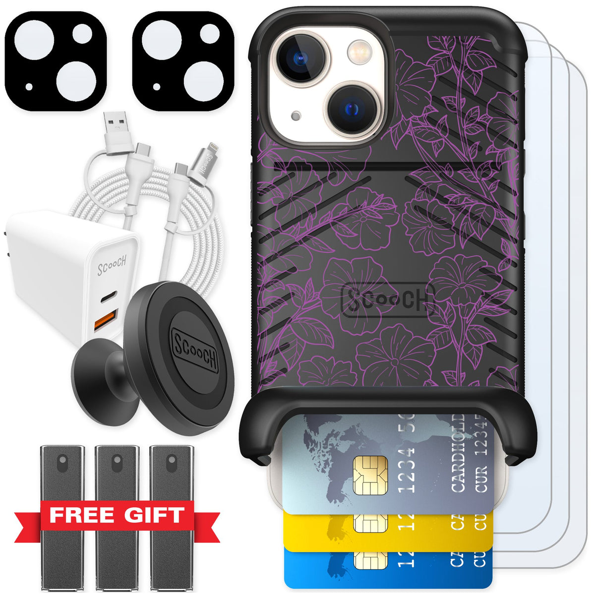 Scooch Wingmate Purple Petunias for iPhone 13 mini — Ultimate Bundle